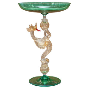 CONTEMPORARY MURANO GLASS COMPOTE IN GREEN WITH GOLD LEAF DRAGON