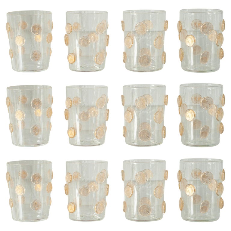 CONTEMPORARY SET OF 12 SPOTTED MURANO GLASS TUMBLERS WITH GOLD LEAF