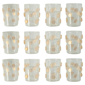 CONTEMPORARY SET OF 12 SPOTTED MURANO GLASS TUMBLERS WITH GOLD LEAF