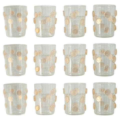 CONTEMPORARY SET OF 12 SPOTTED MURANO GLASS TUMBLERS WITH GOLD LEAF