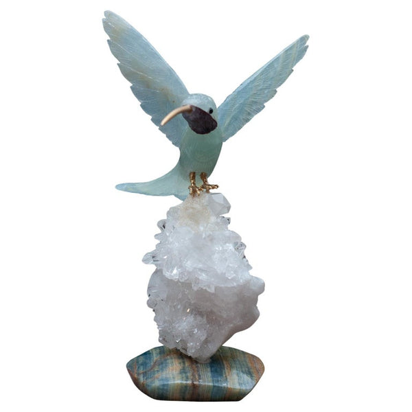 AQUAMARINE HUMMINGBIRD SCULPTURE ON ROCK CRYSTAL AND BLUE ONYX MINERAL BASE