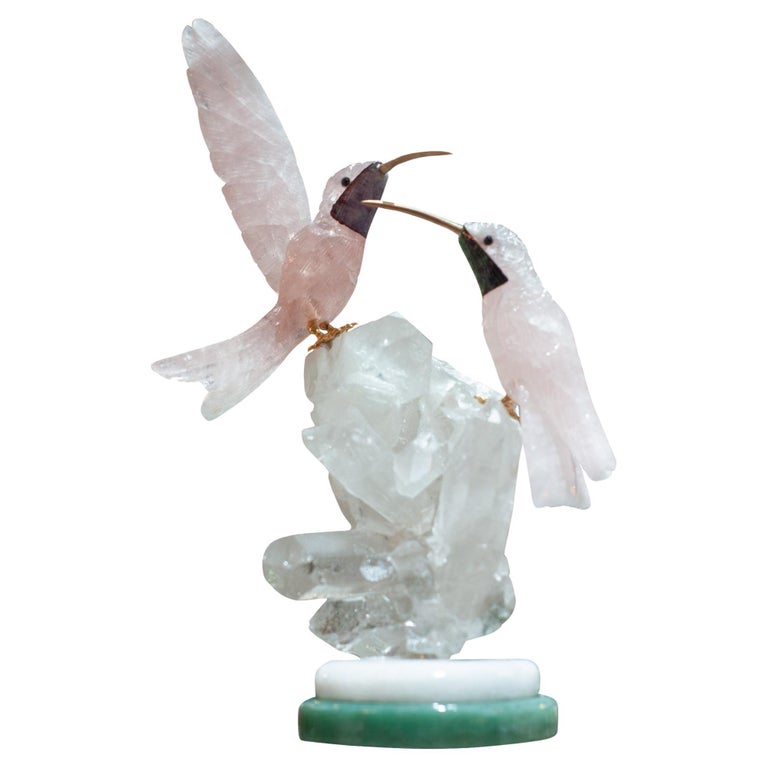 ROSE QUARTZ HUMMINGBIRD PAIR SCULPTURE ON ROCK CRYSTAL AND MARBLE MINERAL BASE