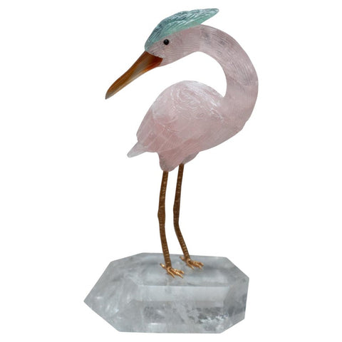 ROSE QUARTZ CRANE SCULPTURE ON ROCK CRYSTAL MINERAL BASE