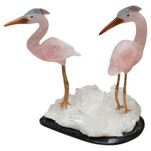 ROSE QUARTZ CRANE PAIR SCULPTURE ON ROCK CRYSTAL AND BLACK MARBLE MINERAL BASE