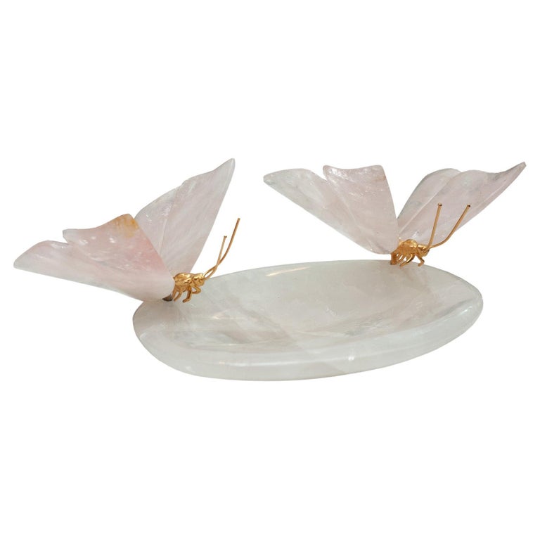 ROCK CRYSTAL BOWL WITH PAIR OF ROSE QUARTZ BUTTERFLIES
