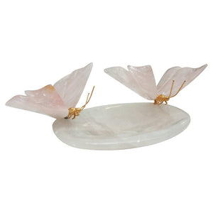 ROCK CRYSTAL BOWL WITH PAIR OF ROSE QUARTZ BUTTERFLIES