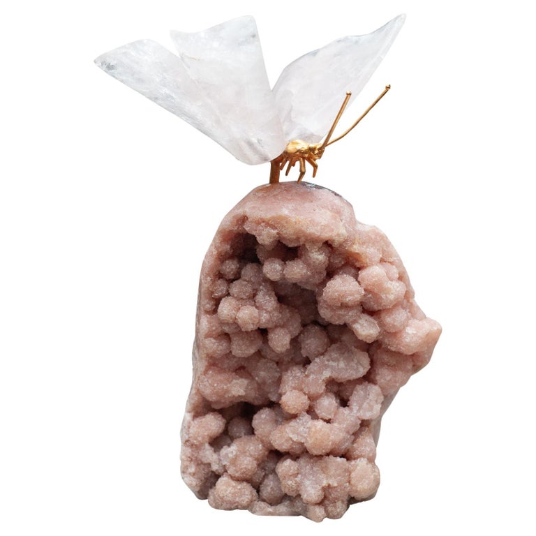 ROCK CRYSTAL BUTTERFLY SCULPTURE ON PINK GEODE BASE