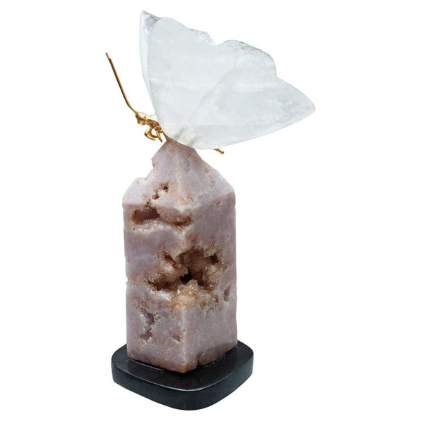 ROCK CRYSTAL BUTTERFLY SCULPTURE ON PINK GEODE OBELISK BASE