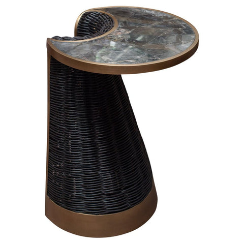 CONTEMPORARY R & Y AUGOUSTI RATTAN, BLACK QUARTZ, AND PATINATED BRASS SIDE TABLE
