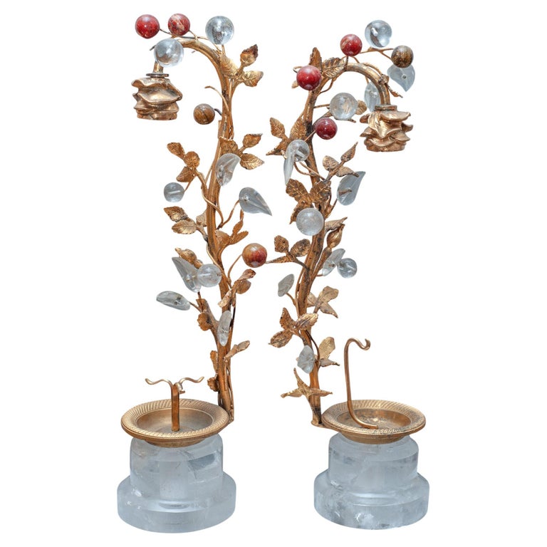 ANTIQUE PAIR OF SEMI-PRECIOUS FRUIT & ROCK CRYSTAL TREES