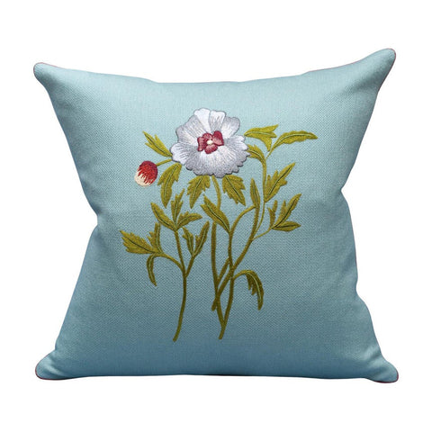 CONTEMPORARY SOFT BLUE MERINO WOOL AND LINEN PILLOW WITH EMBROIDERED FLOWER