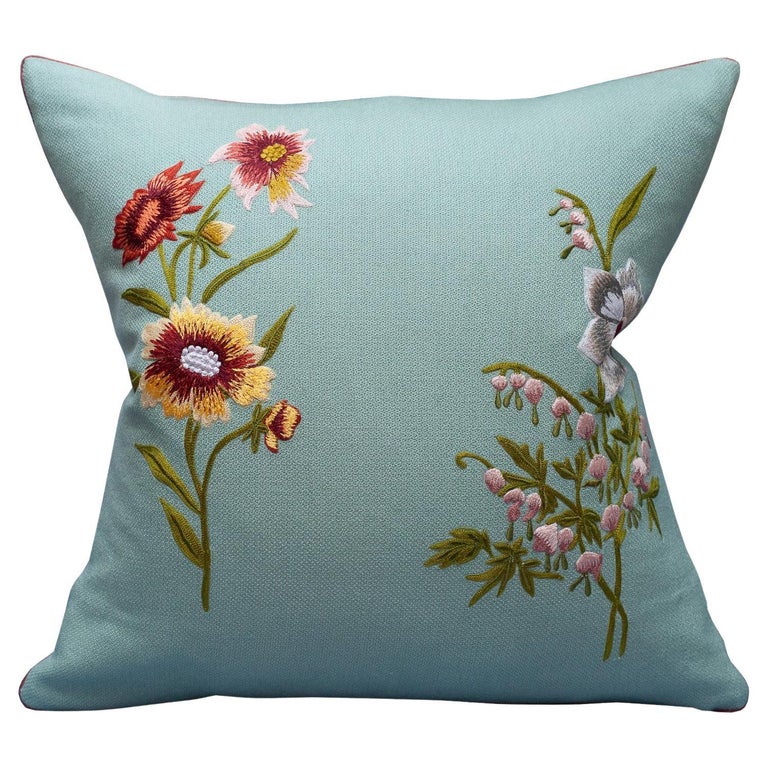 CONTEMPORARY SOFT BLUE MERINO WOOL AND LINEN PILLOW WITH EMBROIDERED FLORALS