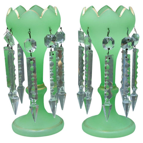 ANTIQUE PAIR OF GREEN OPALINE MANTLE LUSTERS WITH GILT DETAIL AND SCALLOPED EDGE