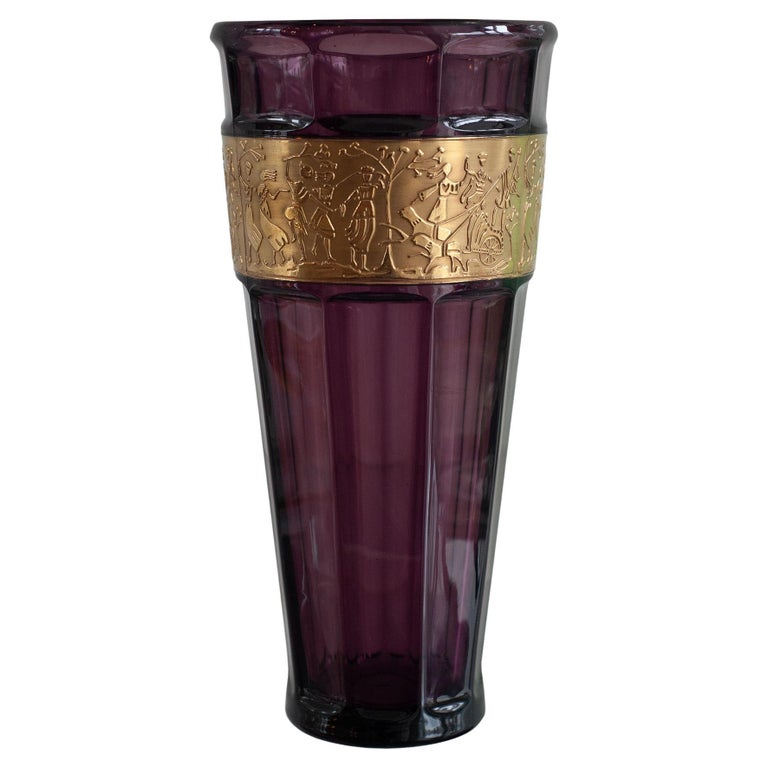 ANTIQUE MOSER AMETHYST VASE WITH GILDED FRIEZE