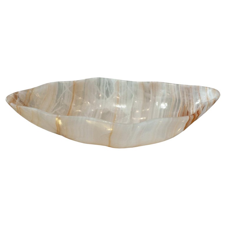 CONTEMPORARY FREEFORM HAND CARVED BANDED ONYX BOWL WITH GOLDEN STRIPES