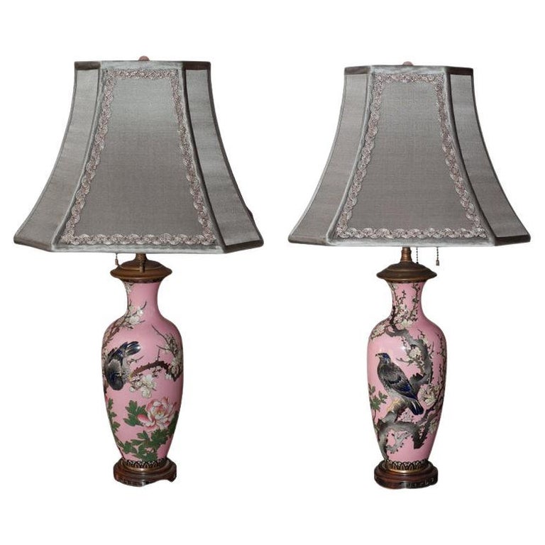 ANTIQUE JAPANESE PAIR OF PORCELAIN LAMPS WITH CUSTOM SILK SHADES