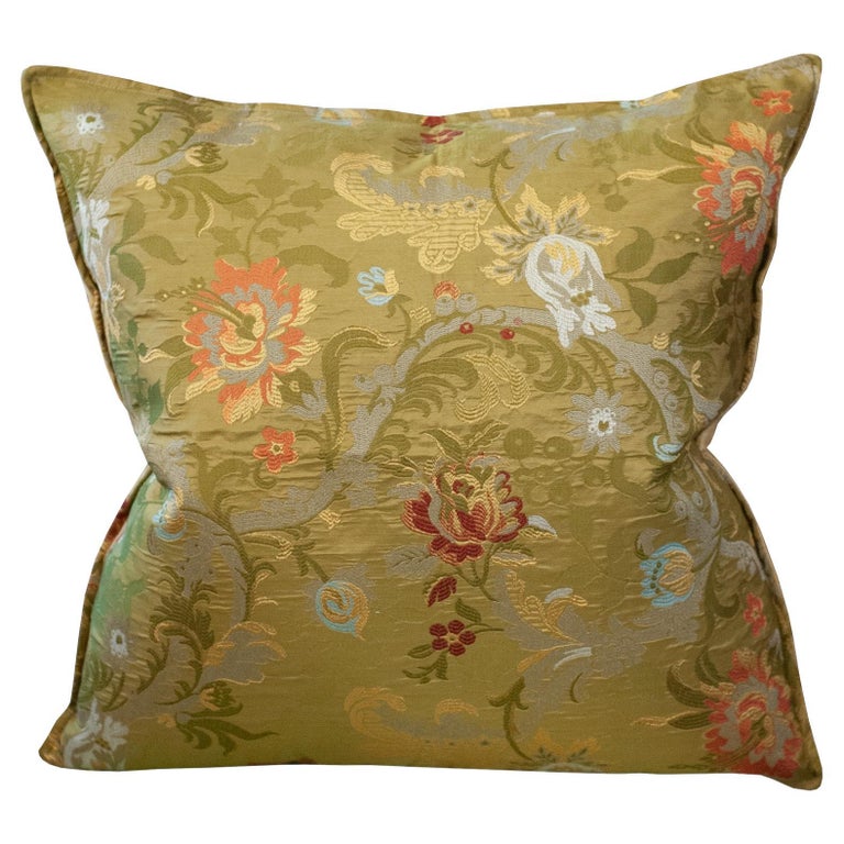 STUDIO MAISON NURITA RUBELLI GREEN FLORAL SILK LAMPAS AND SILK DAMASK PILLOW