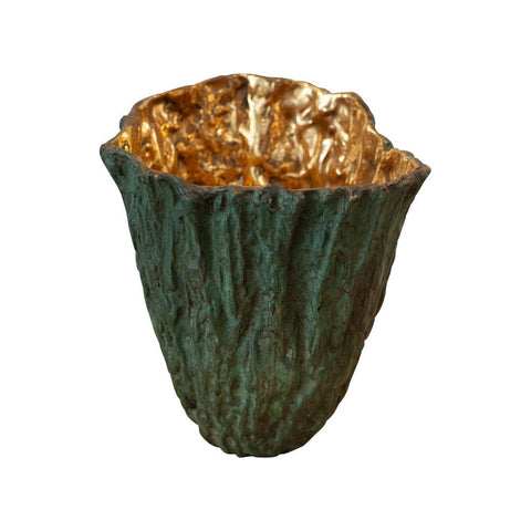 CONTEMPORARY GREEN PATINATED BRASS WOOD BARK VASE WITH POLISHED BRASS INTERIOR