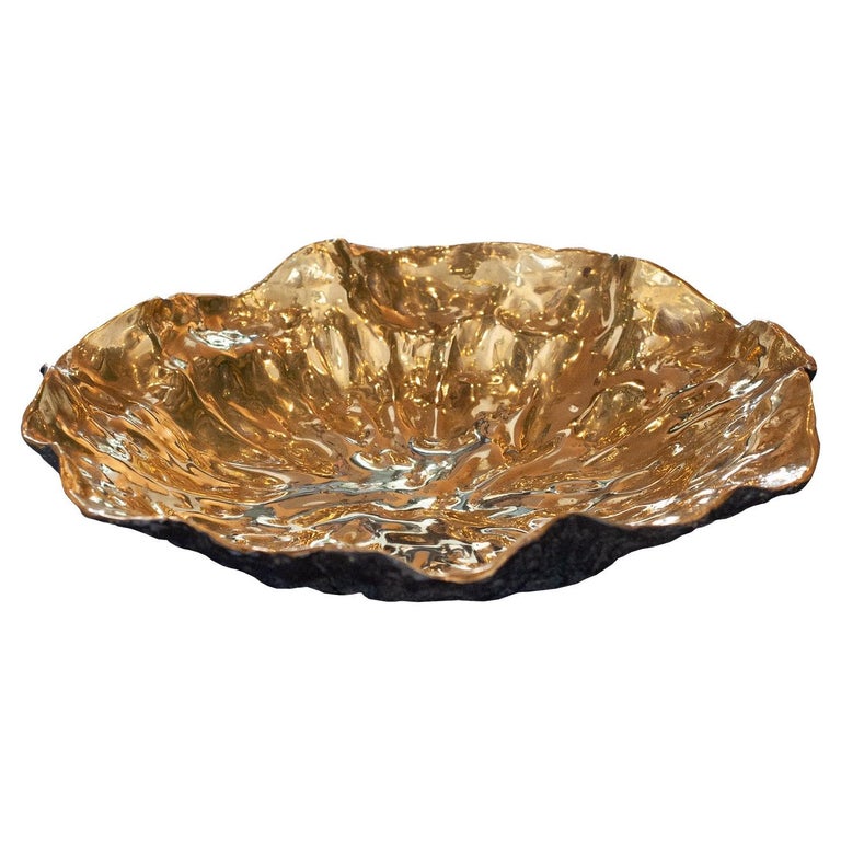 CONTEMPORARY BLACKENED BRASS LILYPAD TRAY WITH POLISHED BRASS INTERIOR