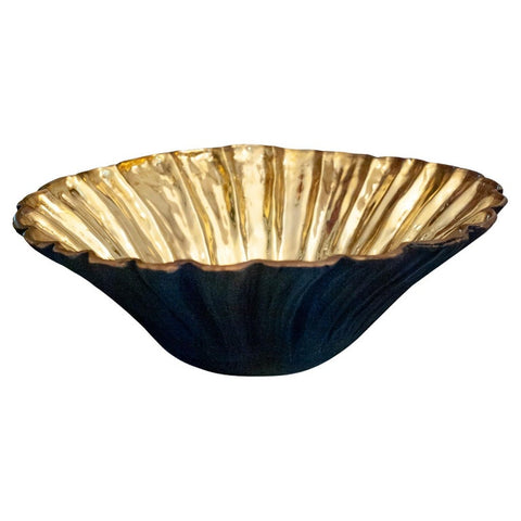 CONTEMPORARY LARGE BLACKENED BRASS FLUTED BOWL WITH POLISHED BRASS INTERIOR