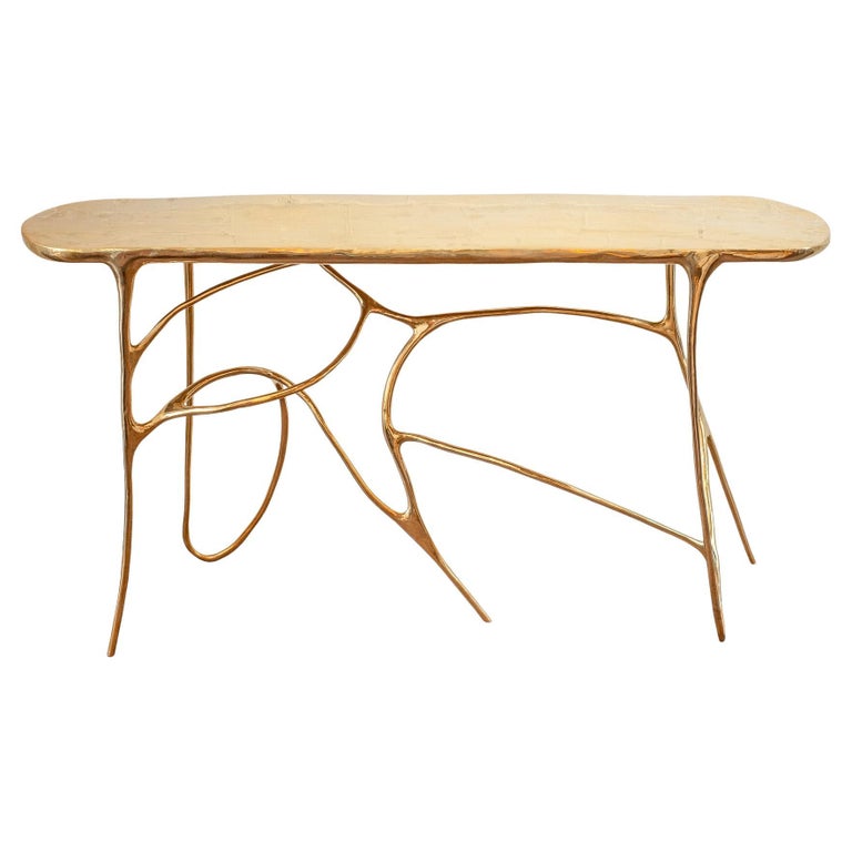 CONTEMPORARY POLISHED CAST BRASS SCULPTURAL CONSOLE TABLE