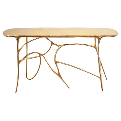 CONTEMPORARY POLISHED CAST BRASS SCULPTURAL CONSOLE TABLE