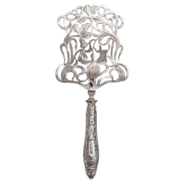 ANTIQUE STERLING SILVER ASPARAGUS SERVER WITH ENGRAVED IRIS FLOWERS