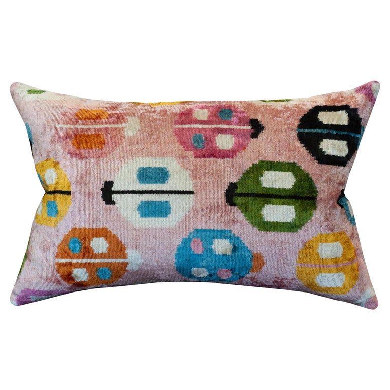 CONTEMPORARY PINK AND MULTICOLOUR SILK VELVET PILLOW WITH LADYBUG MOTIF