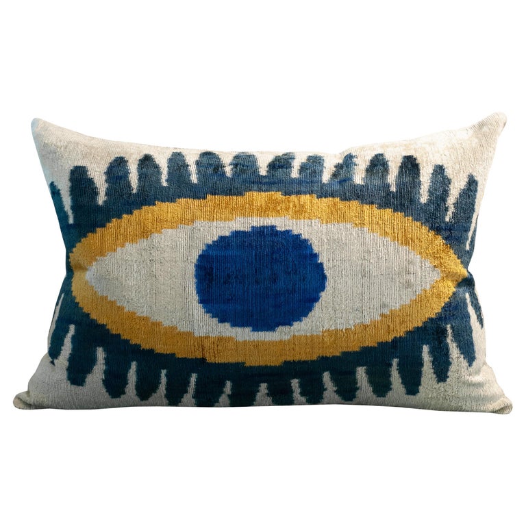 CONTEMPORARY BLUE, YELLOW AND SILVER SILK VELVET PILLOW WITH EVIL EYE MOTIF