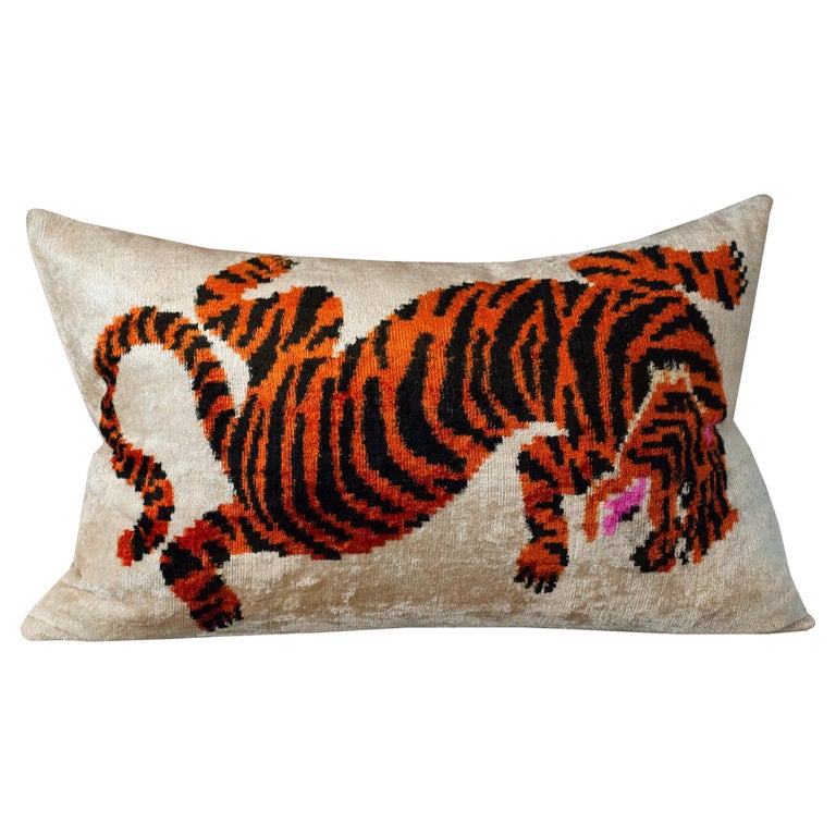 CONTEMPORARY BLACK, ORANGE AND SILVER SILK VELVET PILLOW WITH TIGER MOTIF