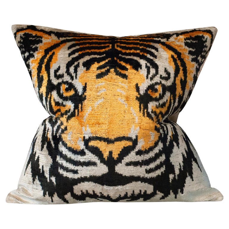 CONTEMPORARY BLACK, ORANGE AND SILVER SILK VELVET PILLOW WITH TIGER MOTIF