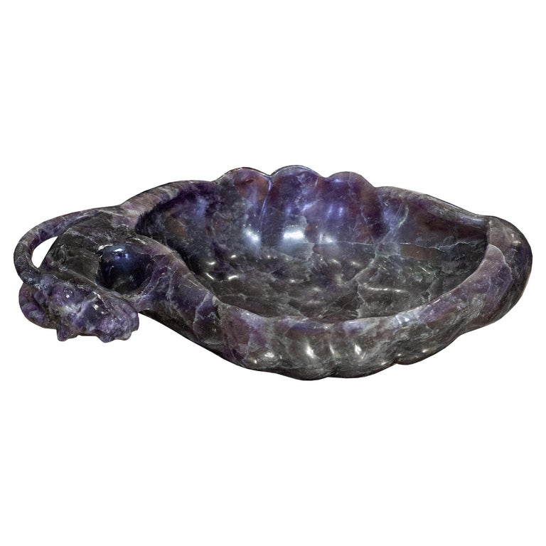 CONTEMPORARY GRAND SCALE CARVED PURPLE AMETHYST BOWL WITH RAM'S HEAD