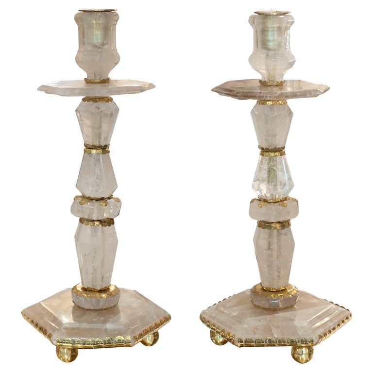 CONTEMPORARY PAIR OF GRAND SCALE ROCK CRYSTAL QUARTZ CANDLESTICKS