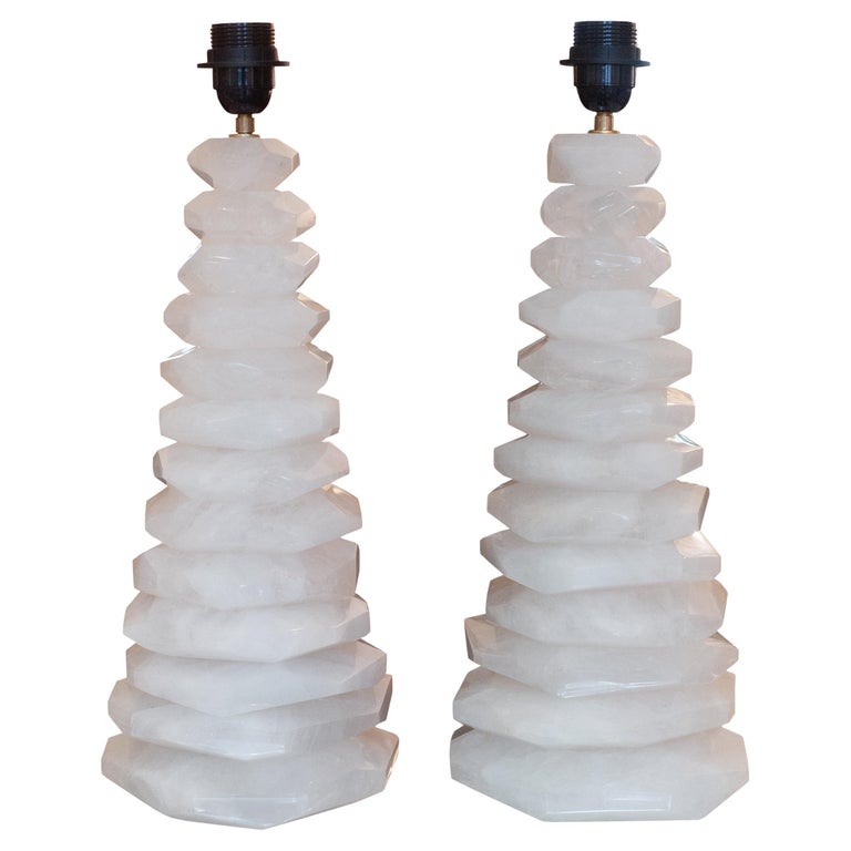 CONTEMPORARY PAIR OF WHITE STACKED ROCK CRYSTAL CLEAR QUARTZ LAMPS