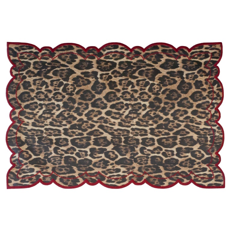 CONTEMPORARY SET OF 6 LEOPARD LINEN PLACEMATS WITH EMBROIDERED SCALLOPED EDGE