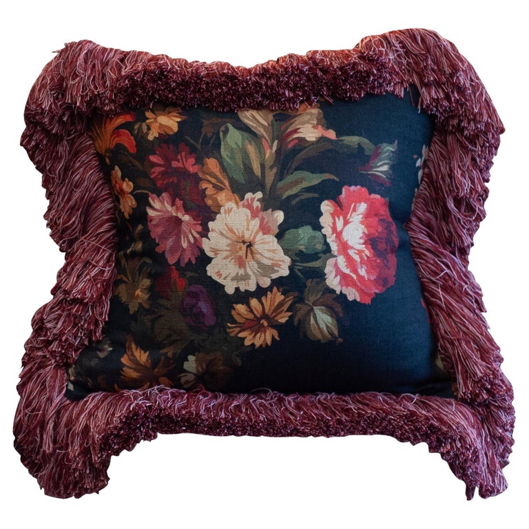 CONTEMPORARY RED & MULTICOLOUR FLORAL LINEN PILLOW WITH LONG BRUSH FRINGE
