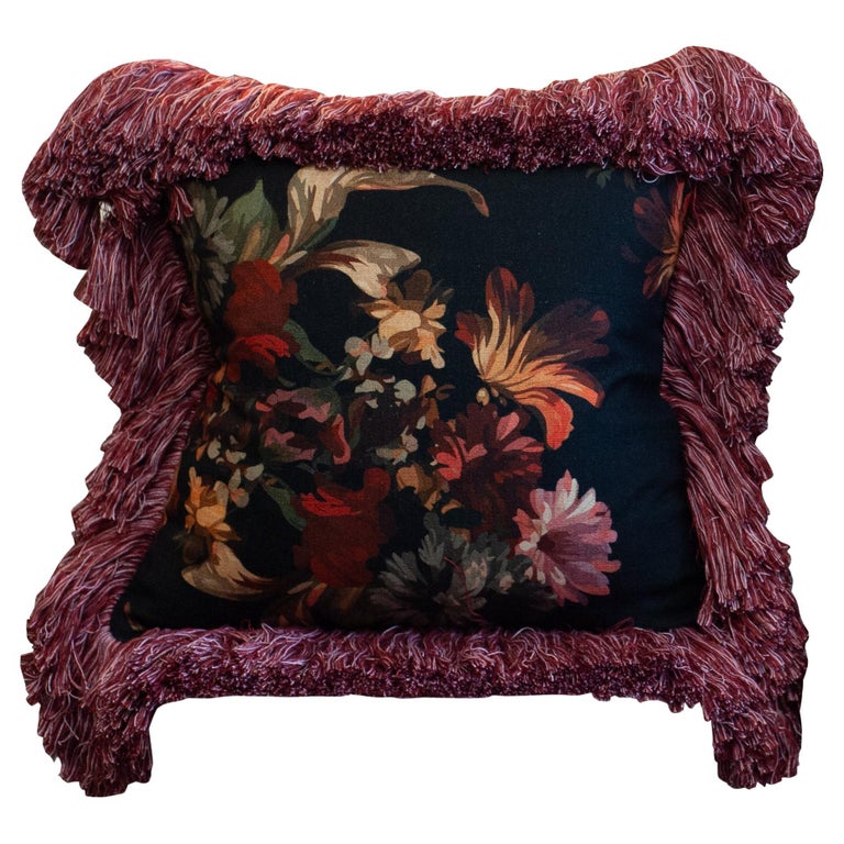 CONTEMPORARY RED & MULTICOLOUR FLORAL LINEN PILLOW WITH LONG BRUSH FRINGE
