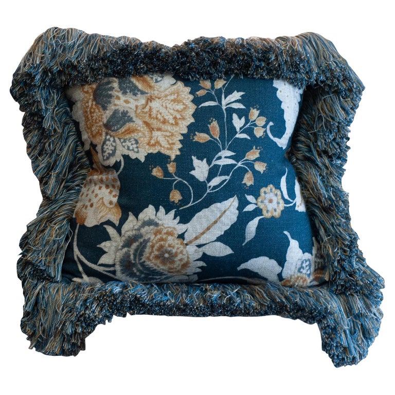 CONTEMPORARY NAVY & MULTICOLOUR FLORAL LINEN PILLOW WITH LONG BRUSH FRINGE