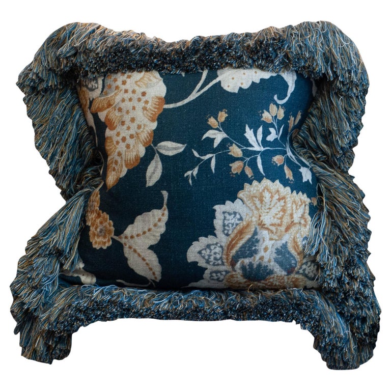 CONTEMPORARY NAVY & MULTICOLOUR FLORAL LINEN PILLOW WITH LONG BRUSH FRINGE