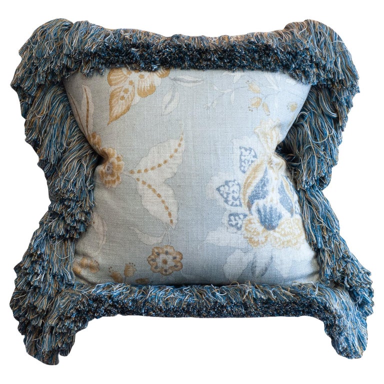 CONTEMPORARY SOFT BLUE & MULTICOLOUR FLORAL LINEN PILLOW WITH LONG BRUSH FRINGE