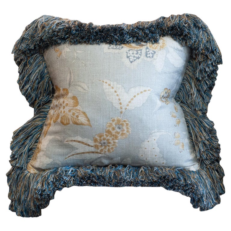CONTEMPORARY SOFT BLUE & MULTICOLOUR FLORAL LINEN PILLOW WITH LONG BRUSH FRINGE