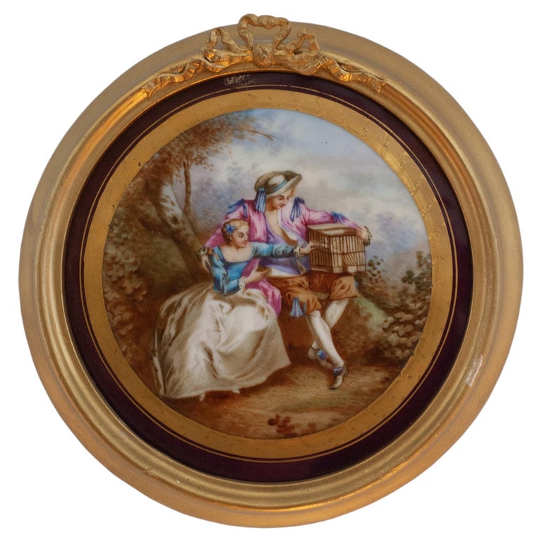 ANTIQUE HAND-PAINTED PORCELAIN PLAQUE, THE BIRD CAGE, AFTER NICOLAS LANCRET