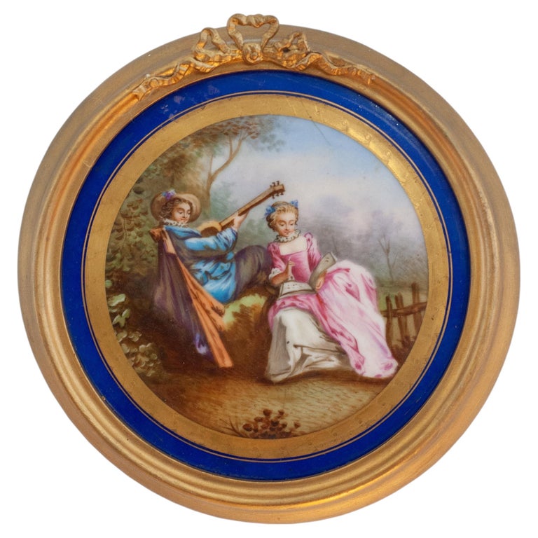 ANTIQUE HAND-PAINTED PORCELAIN PLAQUE, THE SERENADE, AFTER NICOLAS LANCRET