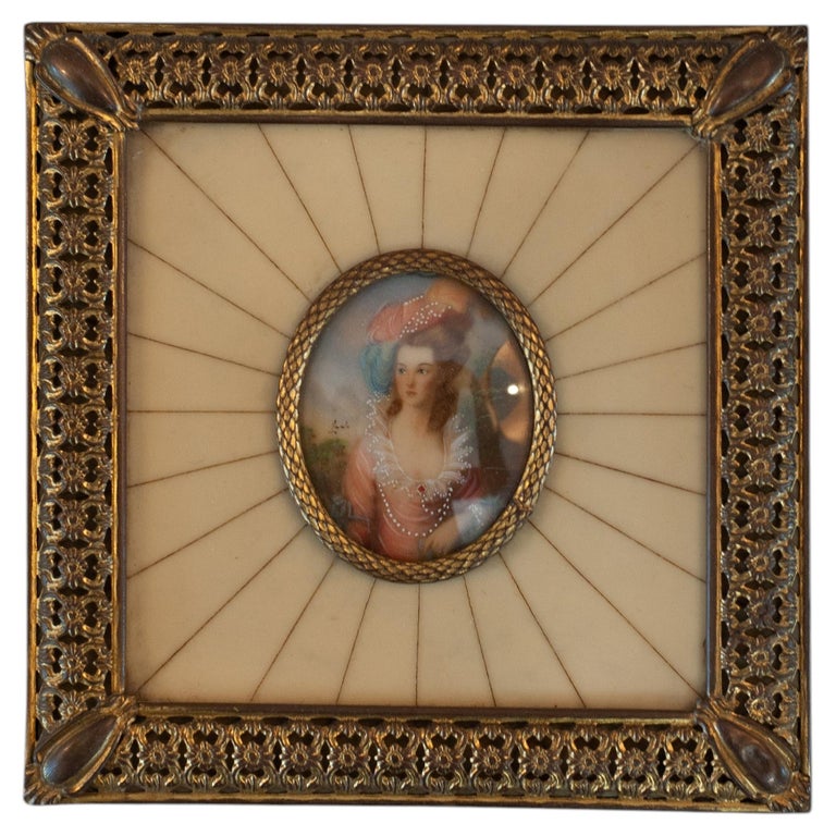ANTIQUE MINIATURE PORTRAIT OF A NOBLEWOMAN IN BRONZE MOUNT FRAME