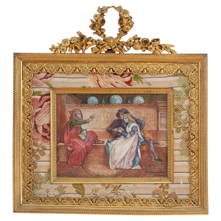 ANTIQUE BRONZE GILT FRAME WITH PRE-RAPHAELITE STYLE PAINTING