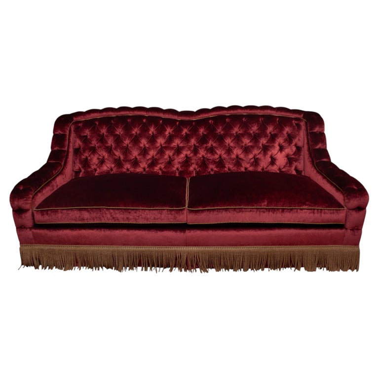 NAPOLEON III STYLE TUFTED SOFA IN DEDAR SPLENDIDO RED VELVET WITH METALLIC TRIM