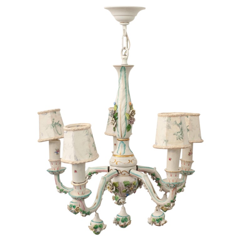 ANTIQUE MEISSEN-STYLE 5 ARM GLAZED PORCELAIN CHANDELIER WITH PORCELAIN FLORALS