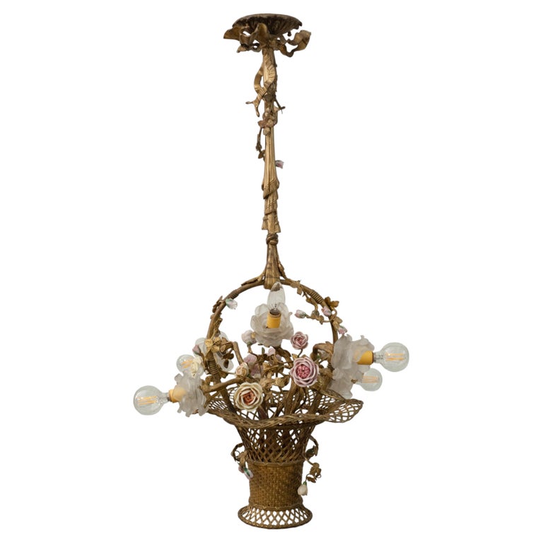 ANTIQUE FRENCH WOVEN BRONZE FLOWER BASKET PENDANT WITH GLASS & PORCELAIN FLOWERS