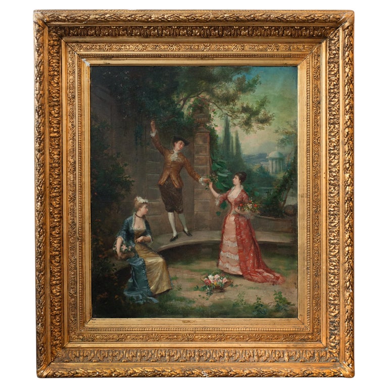ANTIQUE FRENCH COURTING SCENE OIL PAINTING BY DAVID MORIN IN GILDED WOOD FRAME
