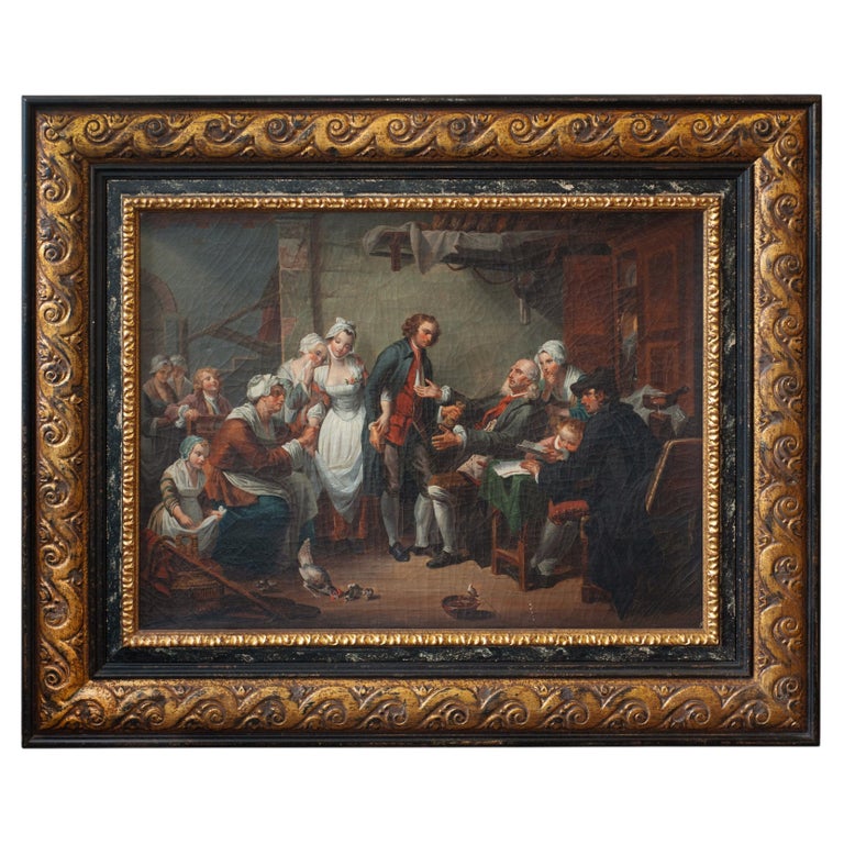 ANTIQUE FRENCH OIL PAINTING AFTER JEAN-BAPTISTE GREUZE "L'ACCORDÉE DE VILLAGE"